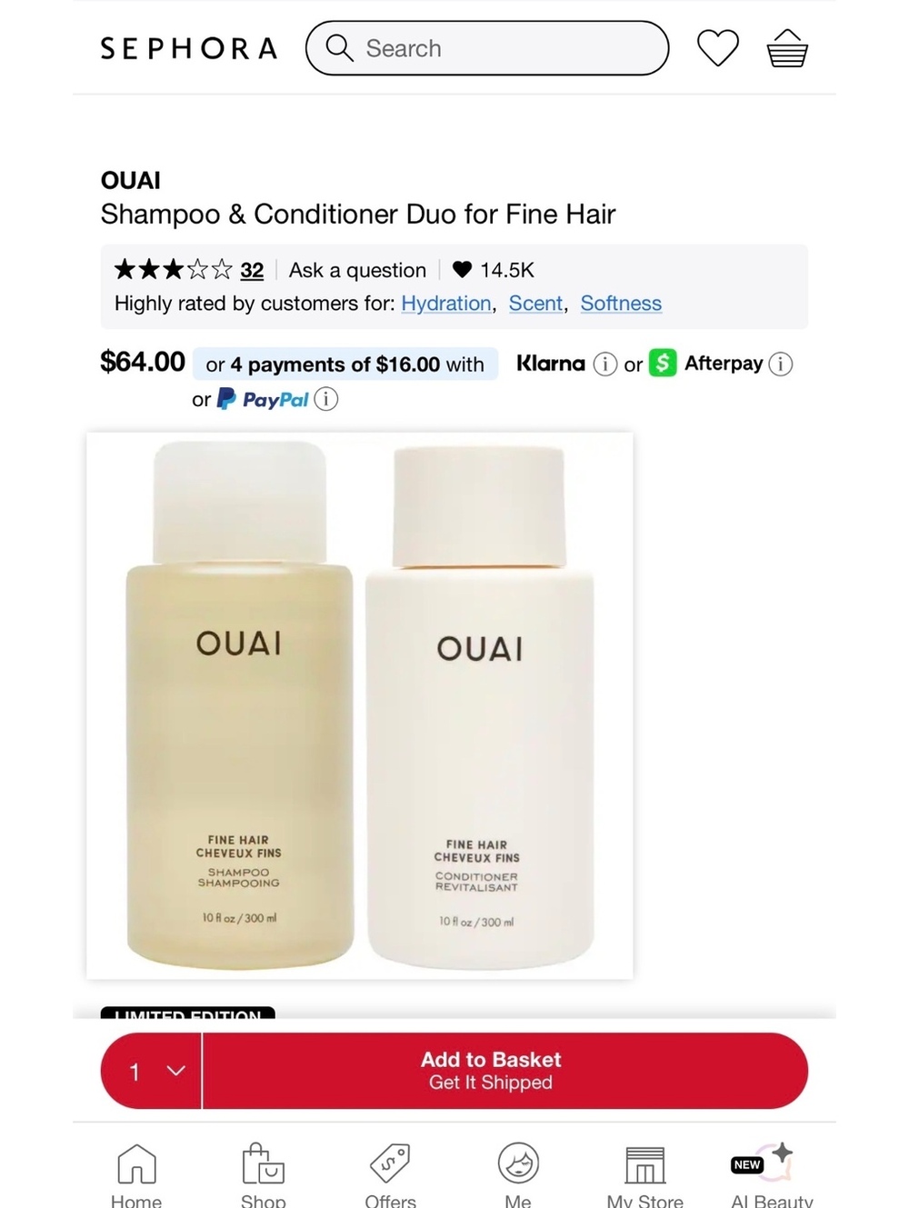 Ouai shampoo and conditioner (good size) for fine hair 10 oz per bottle